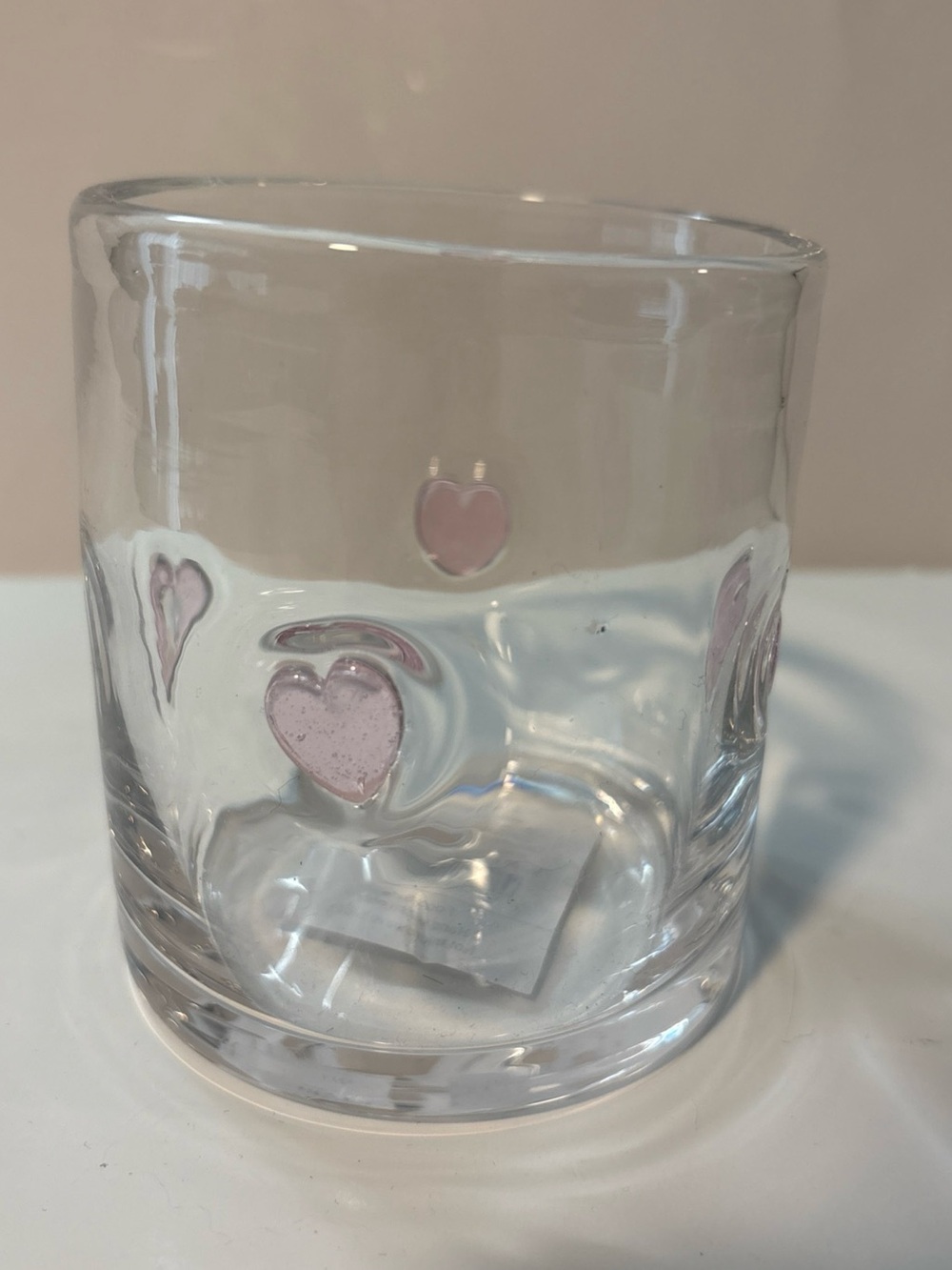 Clear Glass icon Tumbler with Pink Heart Design, Round Shape, Glossy Finish New